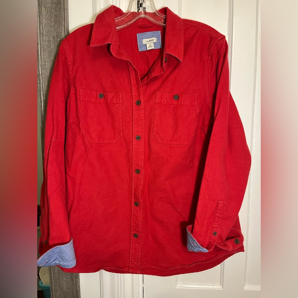 LLBean soft red shirt- chambray on sleeves. Size Medium.